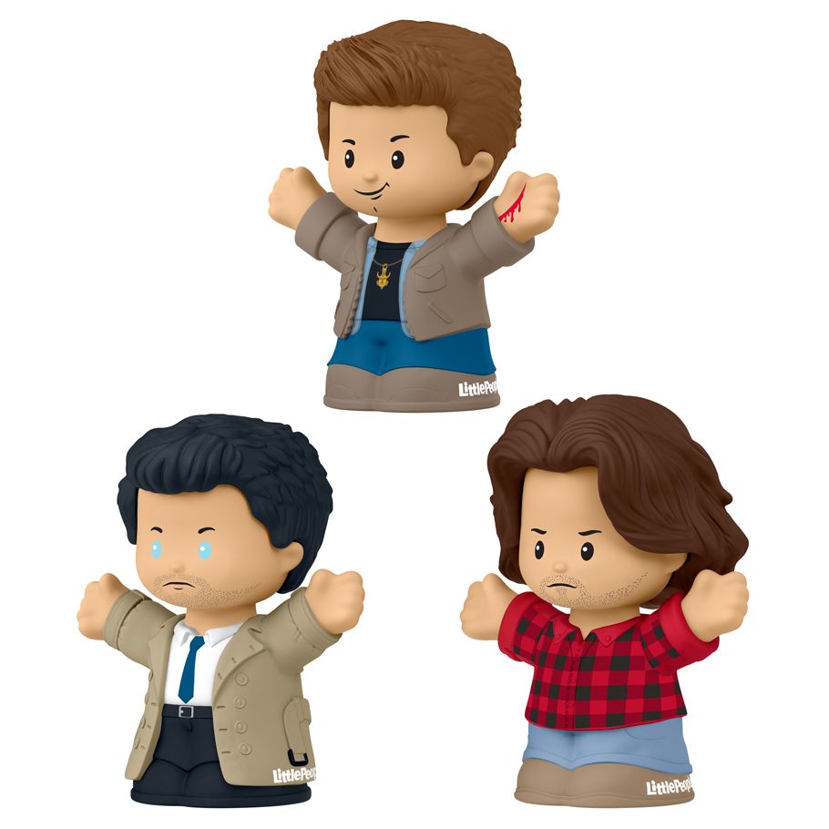 Three small Little People toy figurines against a white background. The figurines depict the characters Sam Winchester, Dean Winchester, and Castiel, from the TV series "Supernatural."