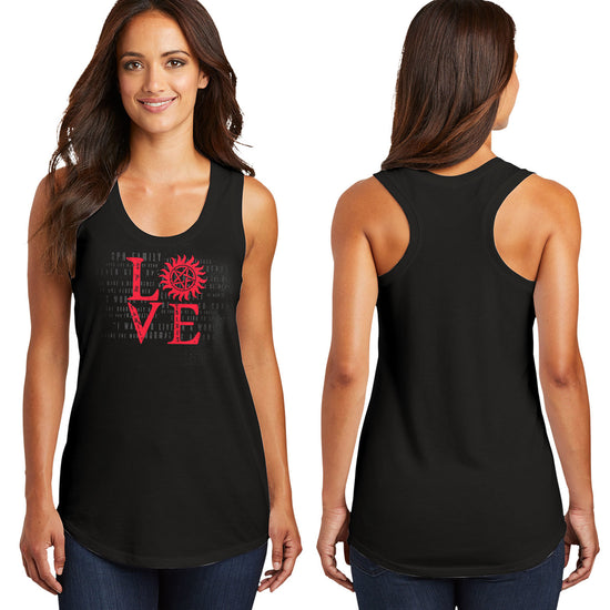 Front and back of a female model in a black tank top. On the front is red text in a block that says "Love." The "O" is replaced by the anti-possession symbol.