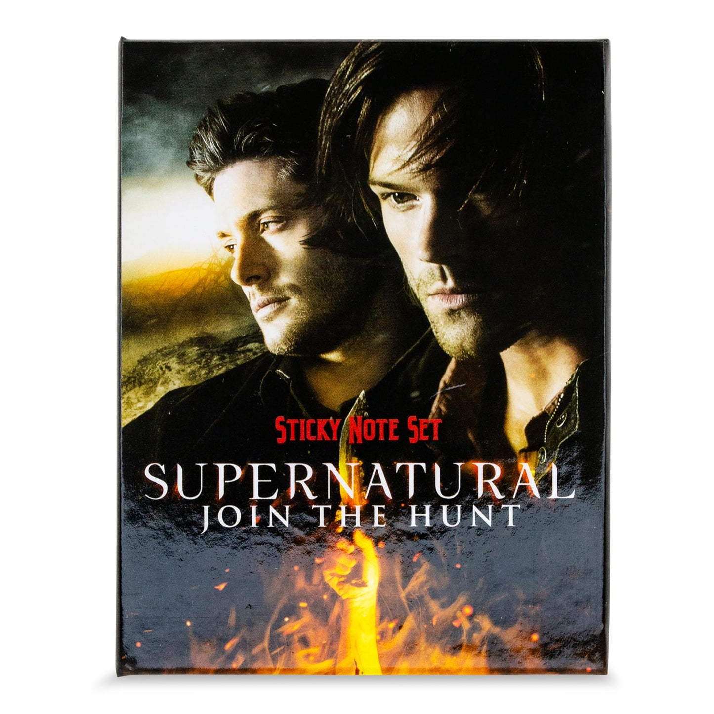 A sticky note box set featuring Sam and Dean Winchester on the front. Red and white text says Supernatural, Join The Hunt, sticky note set.
