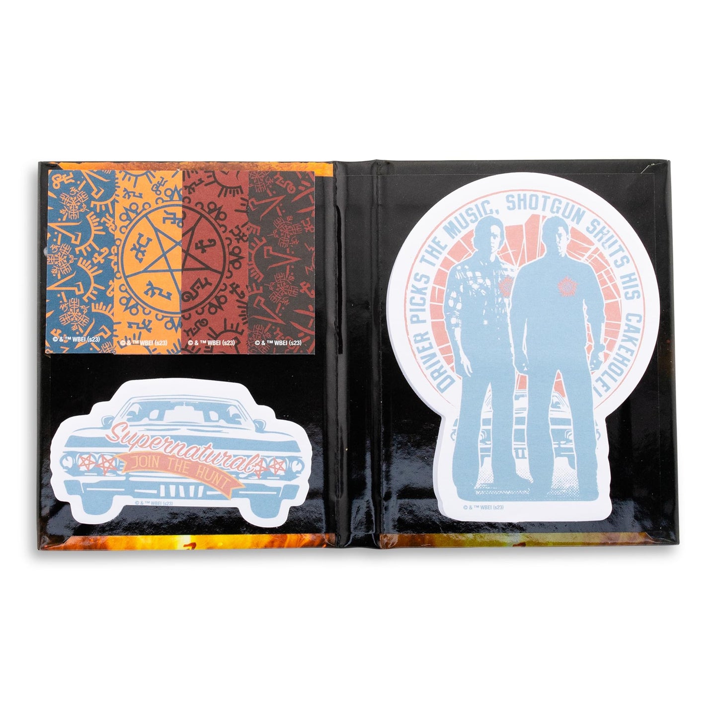 A collection of Supernatural-themed sticky notes, featuring Sam and Dean, Baby, and the Devils Trap symbol.
