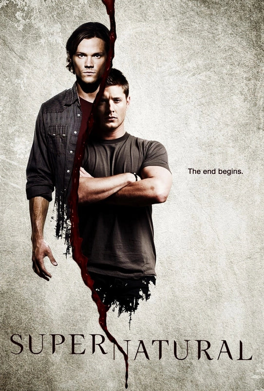 An image of a poster with a marbled background. The poster depicts the characters Sam and Dean Winchester from the TV series "Supernatural," with a bloody line down the center. Text on the right says "The end begins." At the bottom is black text that says "Supernatural" with a bloody line down the center.