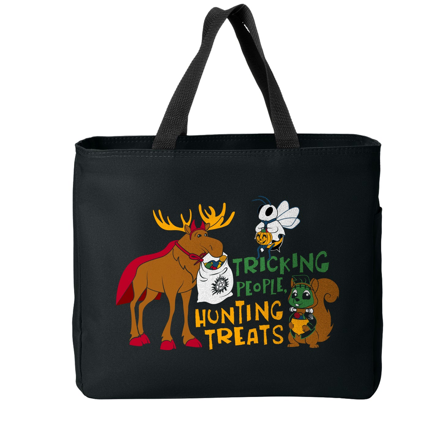 A black canvas tote bag with a colorful Halloween-themed graphic print featuring a moose, a bee, a squirrel, and the text 'TRICKING PEOPLE HUNTING TREATS'.