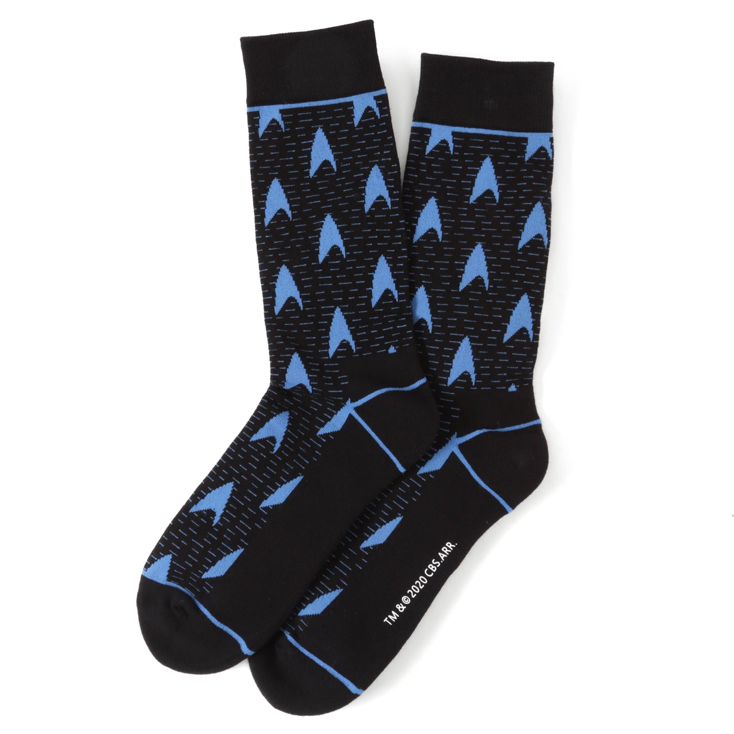 Black socks with a blue Star Trek delta logo pattern.