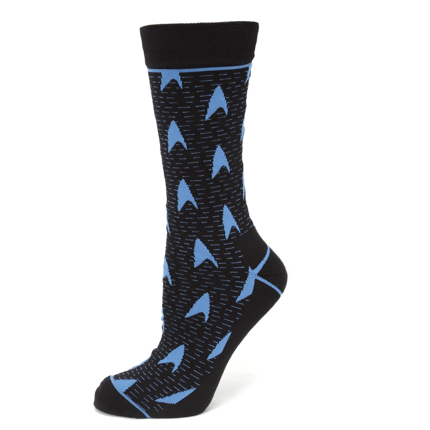 Black socks with a blue Star Trek delta logo pattern.