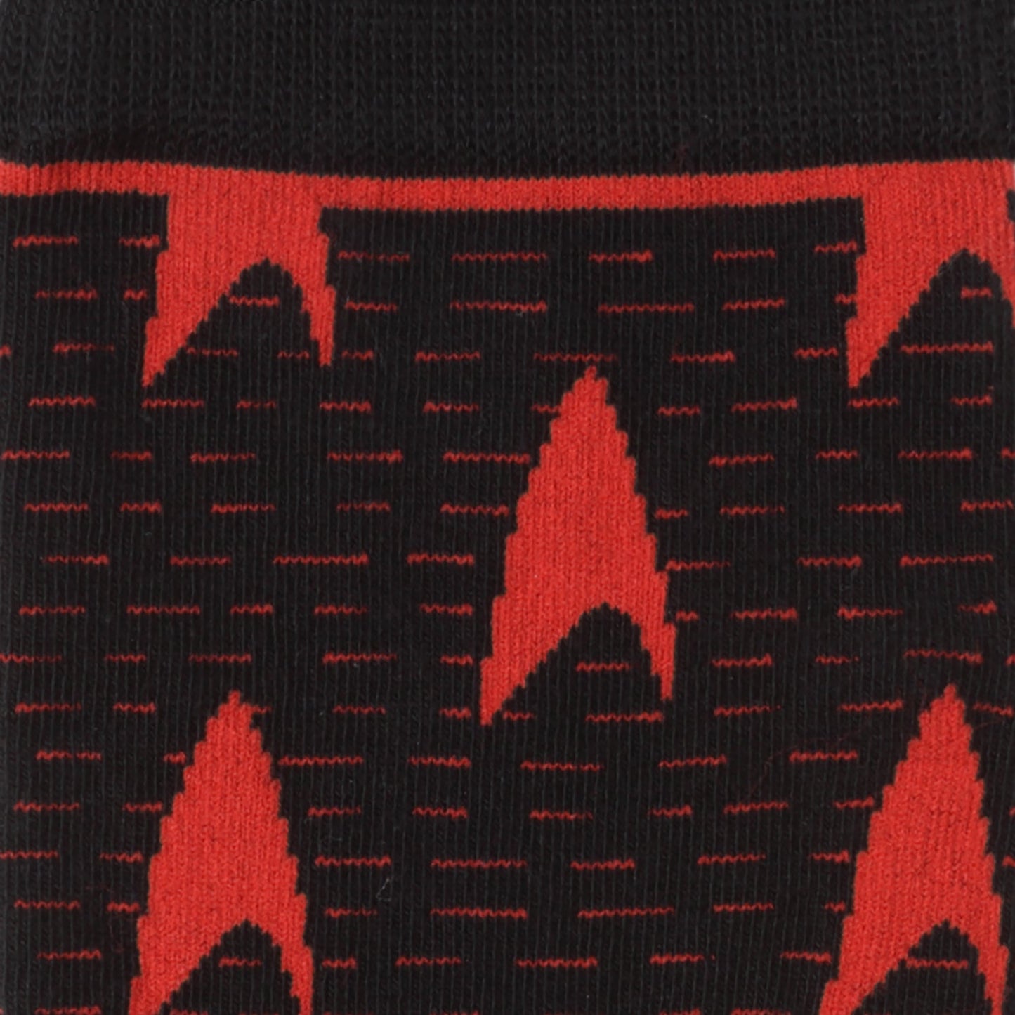 Black socks with a red Star Trek delta logo pattern.