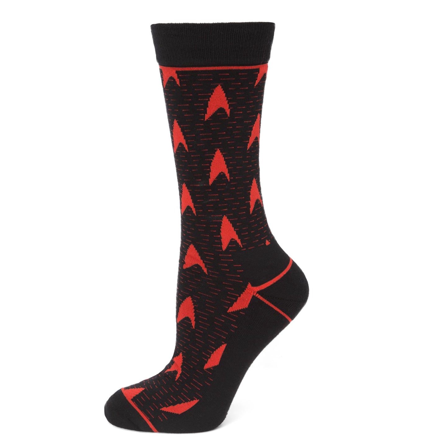 Black socks with a red Star Trek delta logo pattern.