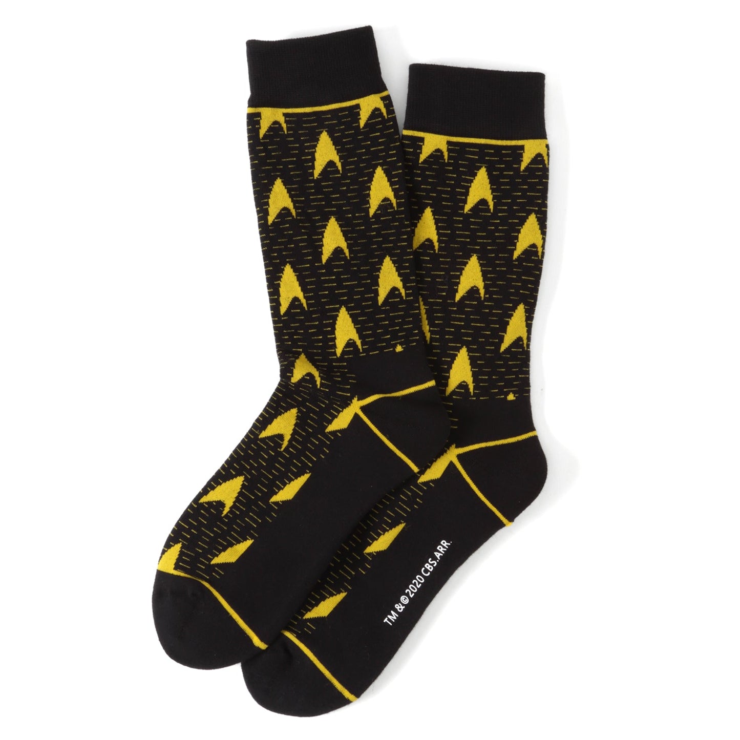 Black socks with a yellow Star Trek delta logo pattern.