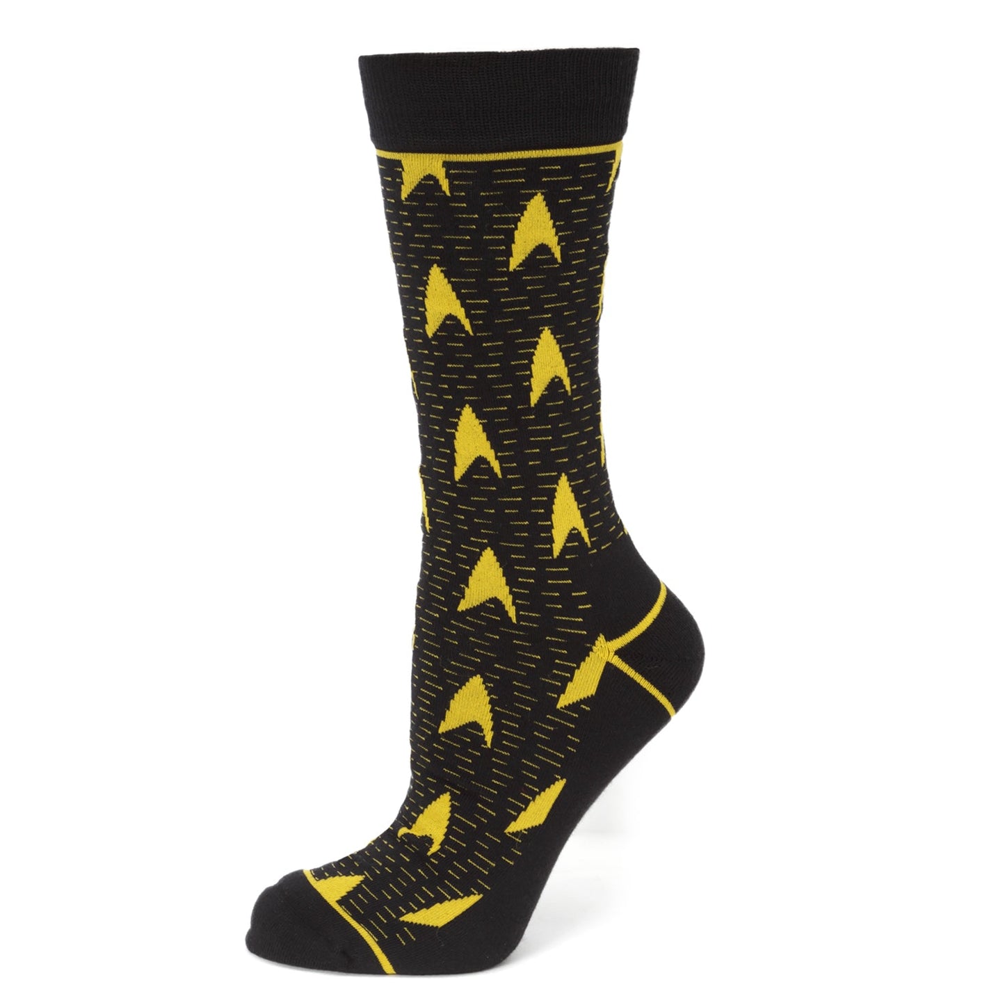 Black socks with a yellow Star Trek delta logo pattern.