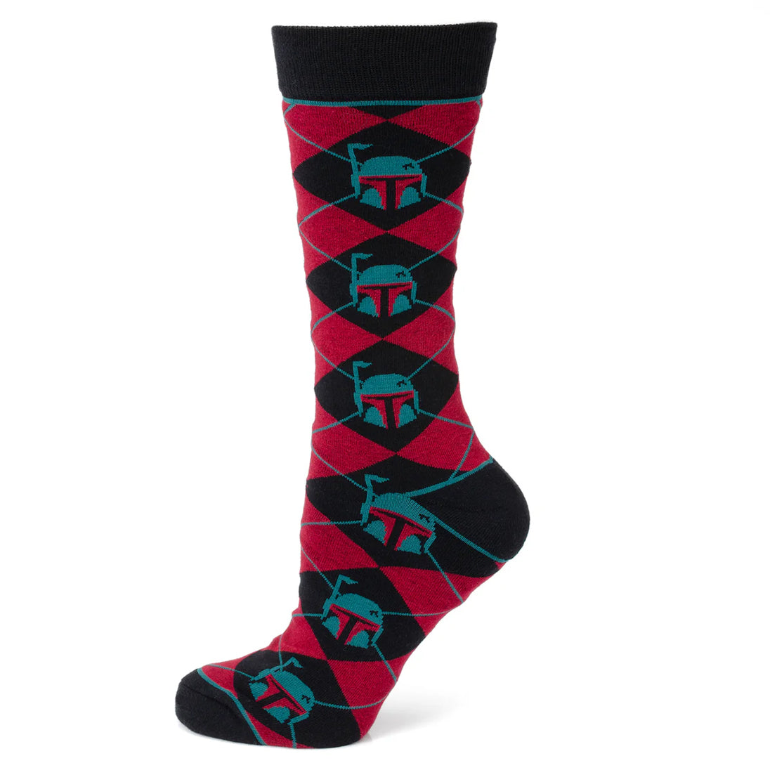 Red and black patterned sock with Mandalorian pattern, next to a Star Wars caped pin on a white background