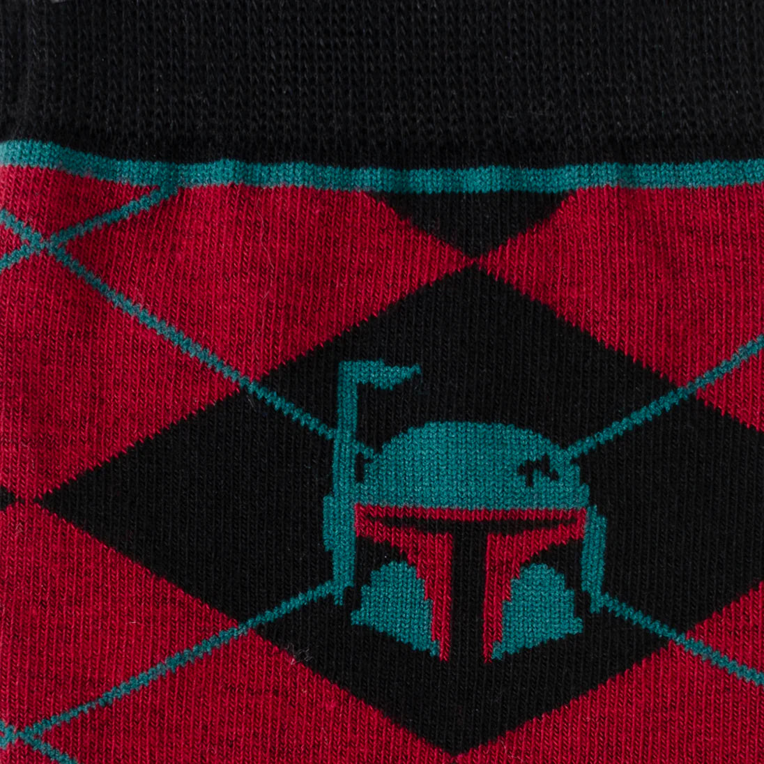 Red and black patterned socks with Mandalorian pattern