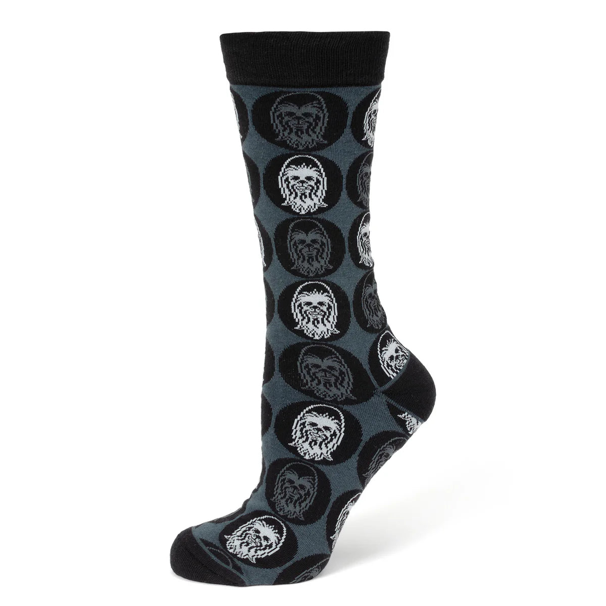 Black and grey socks with white Chewbacca pattern on a white background. 