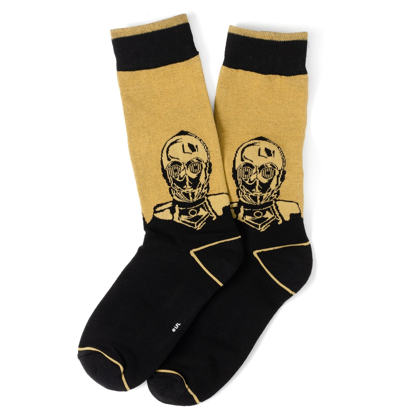 Three Star Wars-themed socks with character designs on a white background