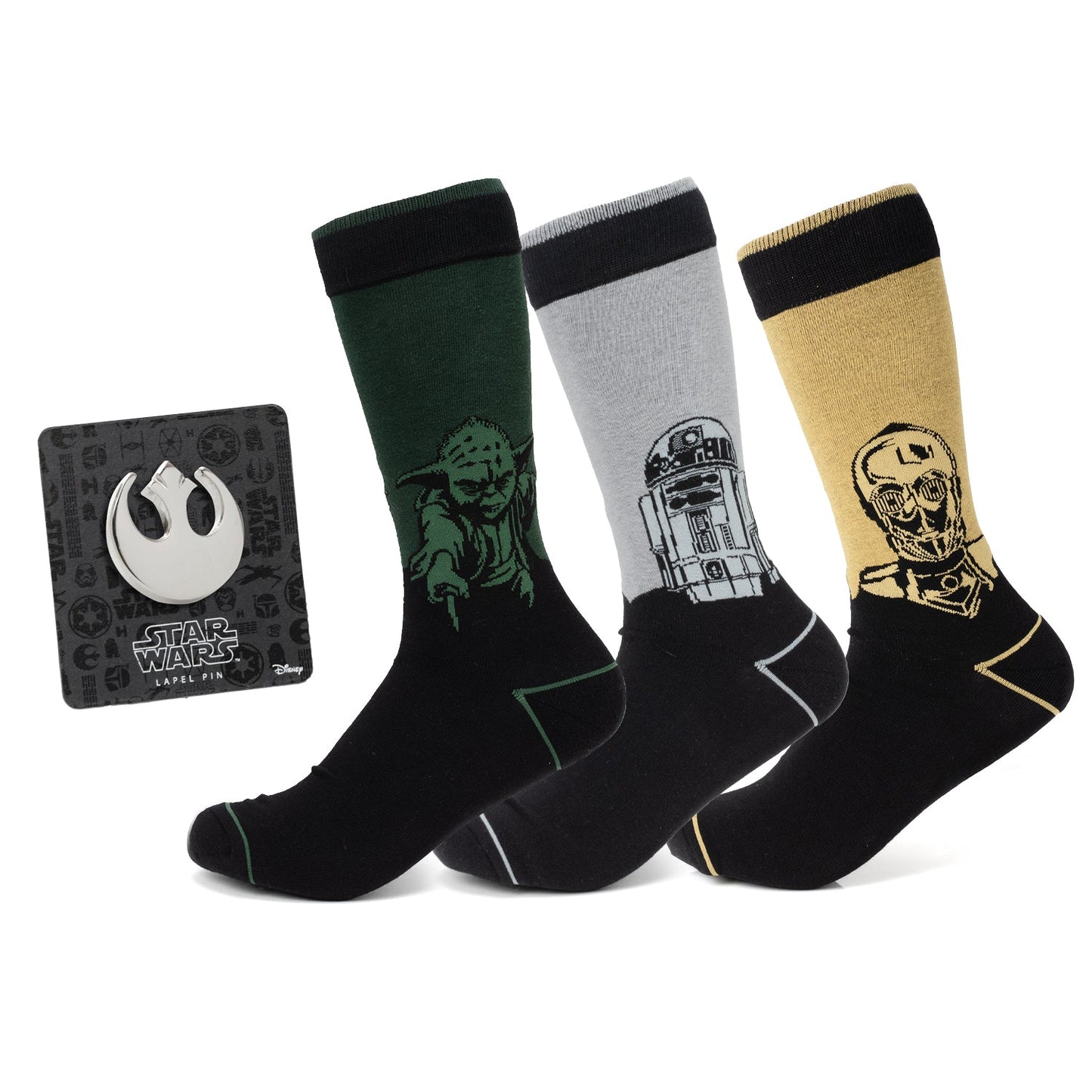 Three Star Wars-themed socks with character designs on a white background. A Rebel Alliance lapel pin is next to the socks
