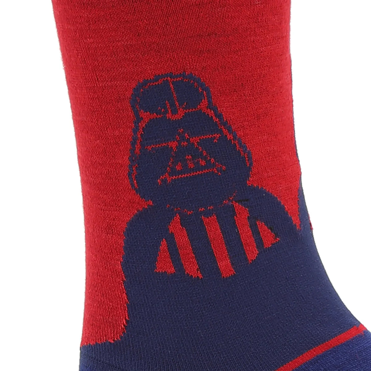 Red and blue sock with Darth Vader design on a white background