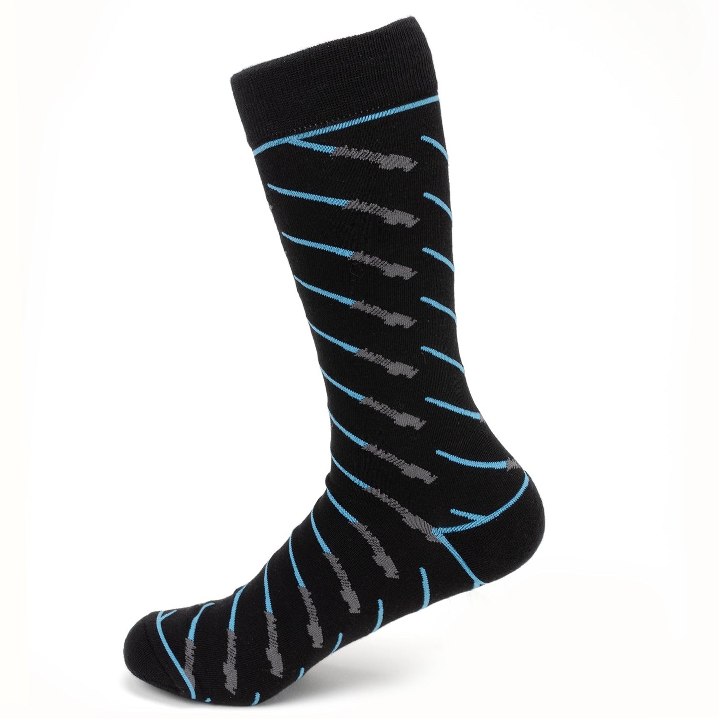 Black sock  with a repeating blue lightsaber pattern on a white background.