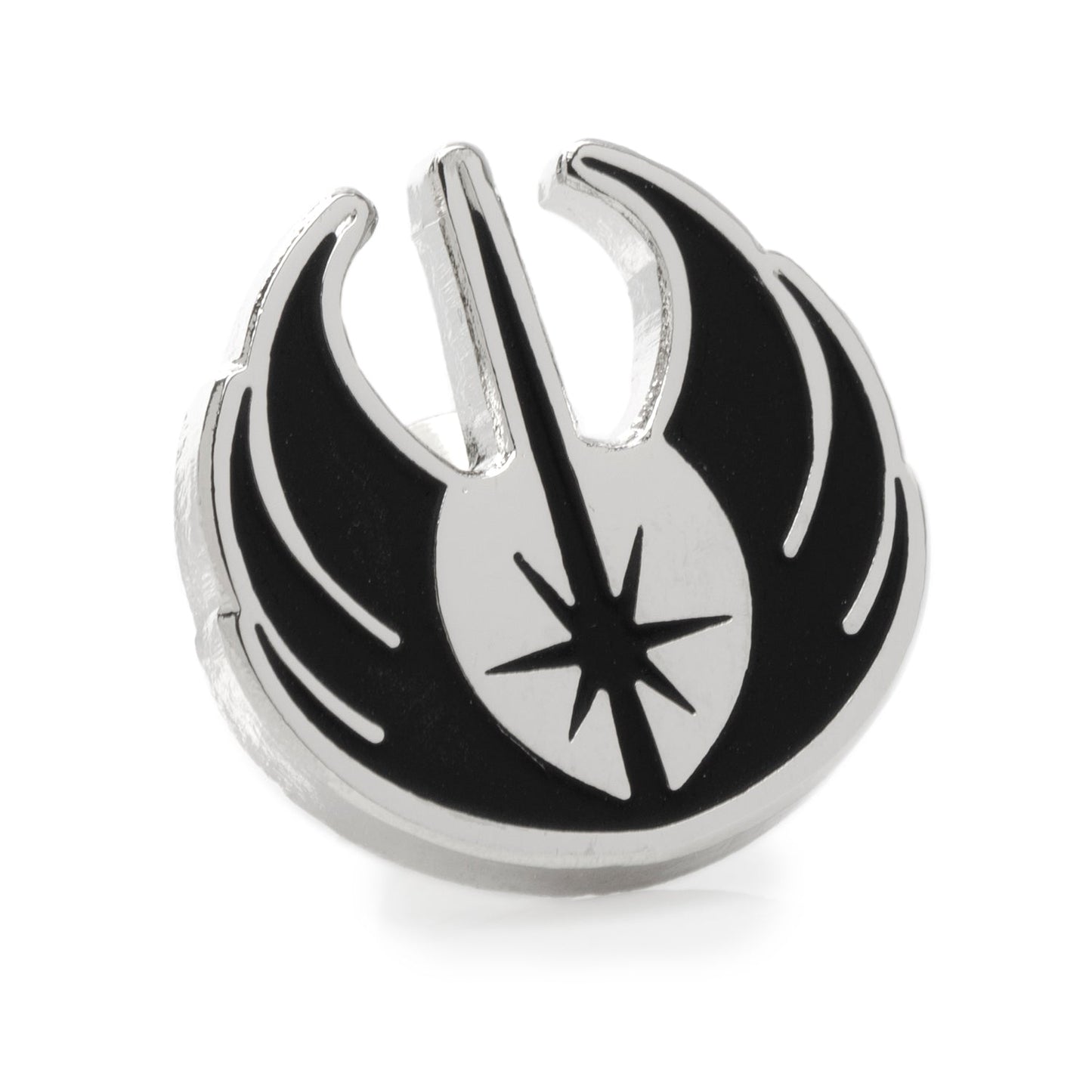 Silver and black Jedi Crest lapel pin on a white background
