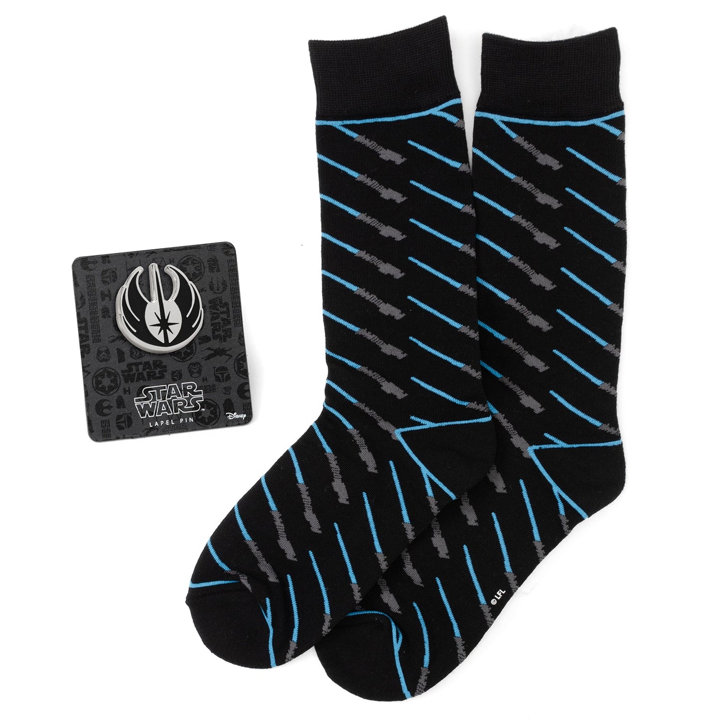 Black socks  with a repeating blue lightsaber pattern on a white background. Next to the socks is a Jedi Crest lapel pin.