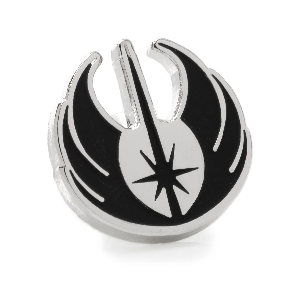 Black and silver lapel pin depicting the Jedi Knight symbol