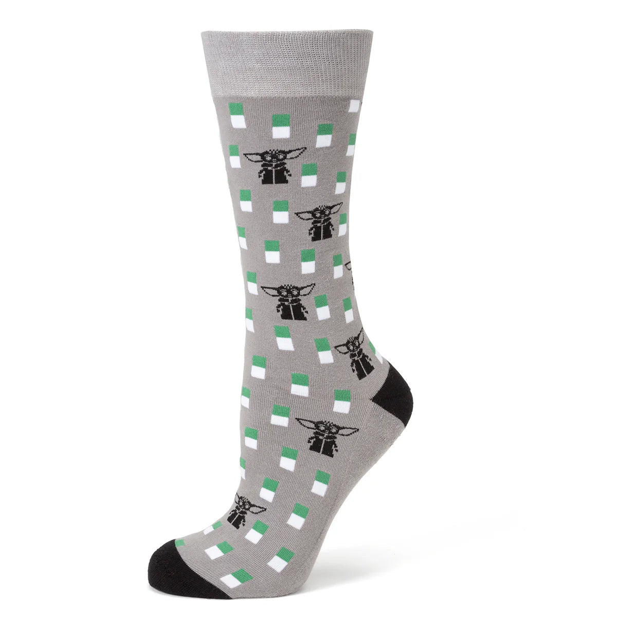 Gray sock with green and white checkered pattern and black character design on a white background