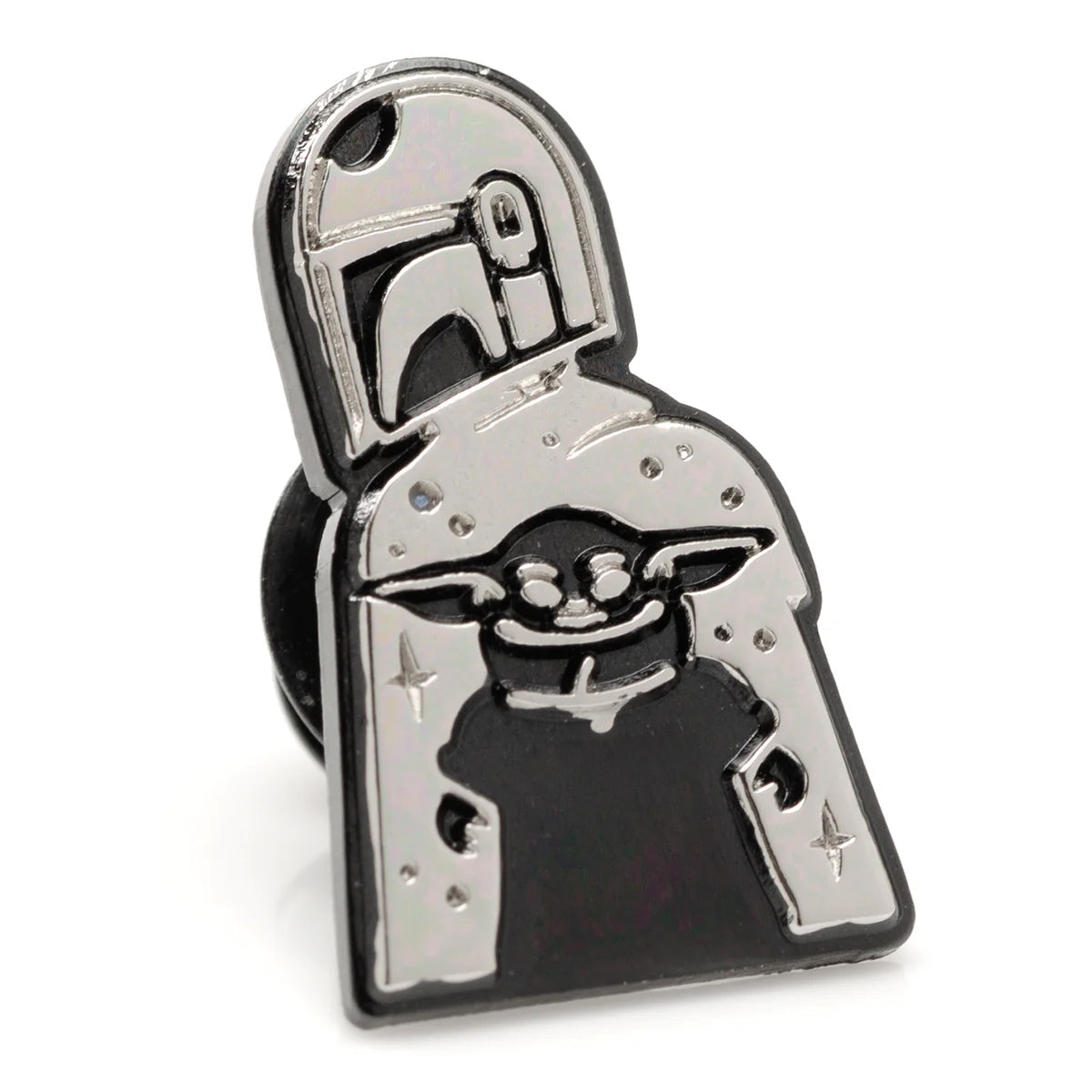 A black and silver lapel pin depicting Grogu and The Mandalorian