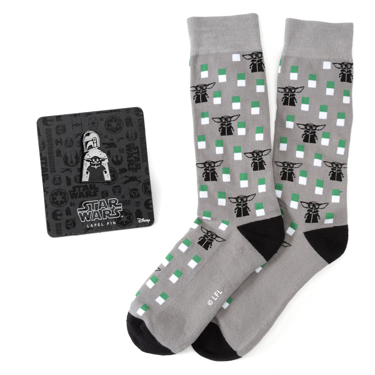 Gray socks with black and green pattern and 'Star Wars' label on a white background