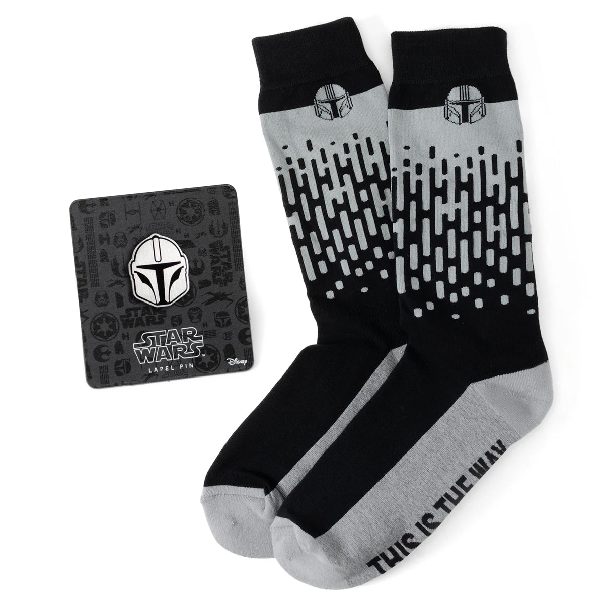 Black and gray socks with a Star Wars design on a white background