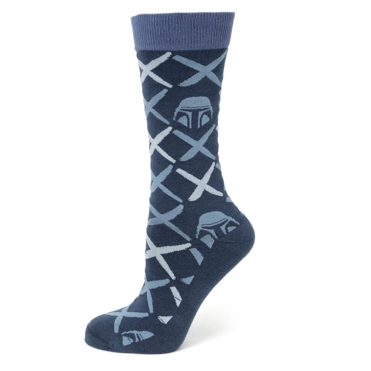 Blue socks with Mandalorian pattern on a white background