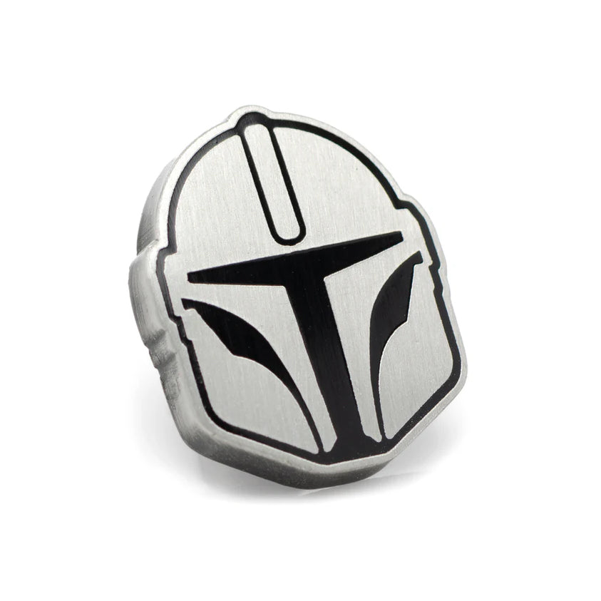 Silver and black Mandalorian helmet lapel pin