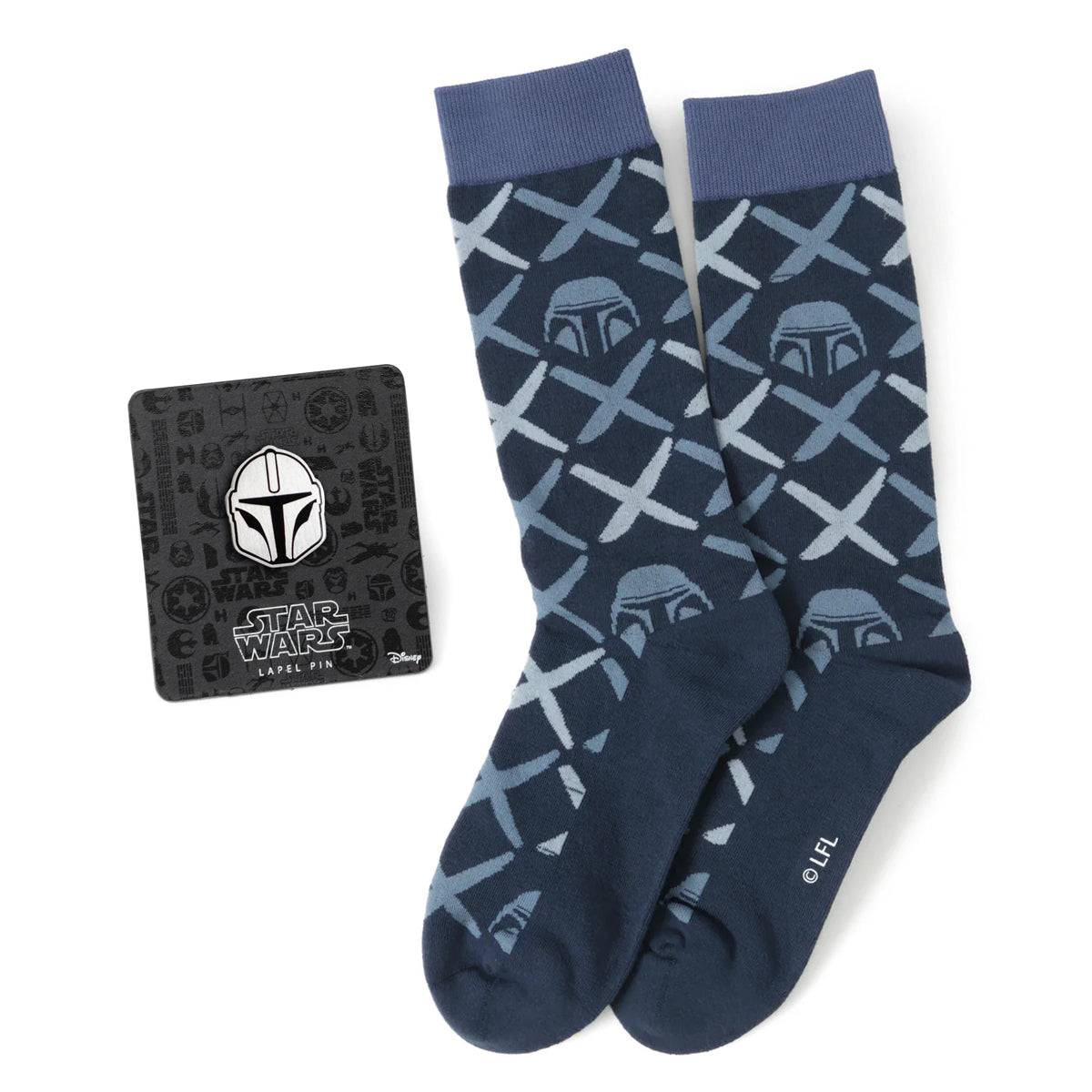Blue socks with Mandalorian pattern and matching lapel pin on a white background