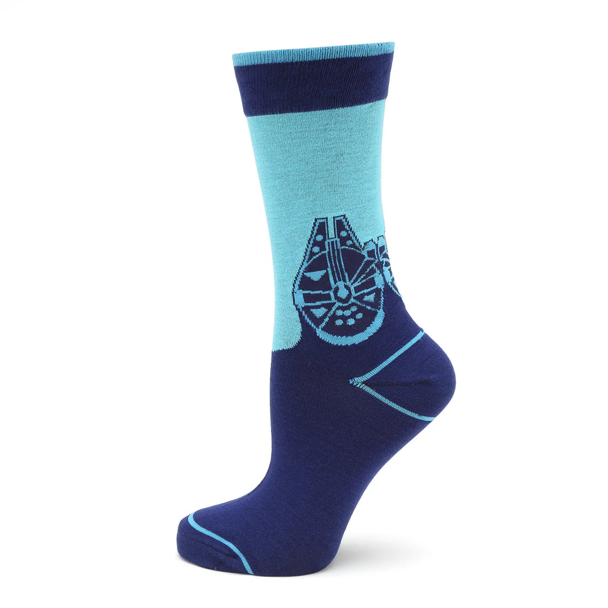 Navy and light blue sock with a Millennium Falcon design on a white background