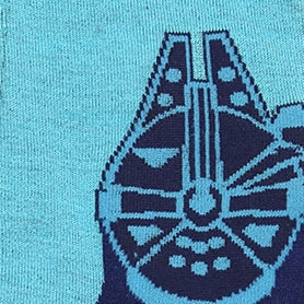 Close up of a sock featuring the Millennium Falcon in dark and light blue