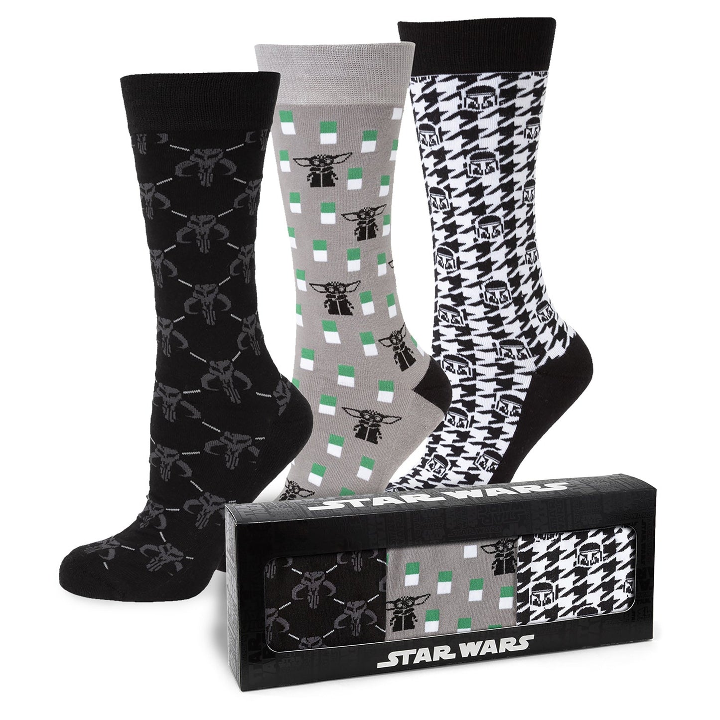 Three pairs of Mandalorian-themed socks on a white background. In front of them is a black box containing the socks.