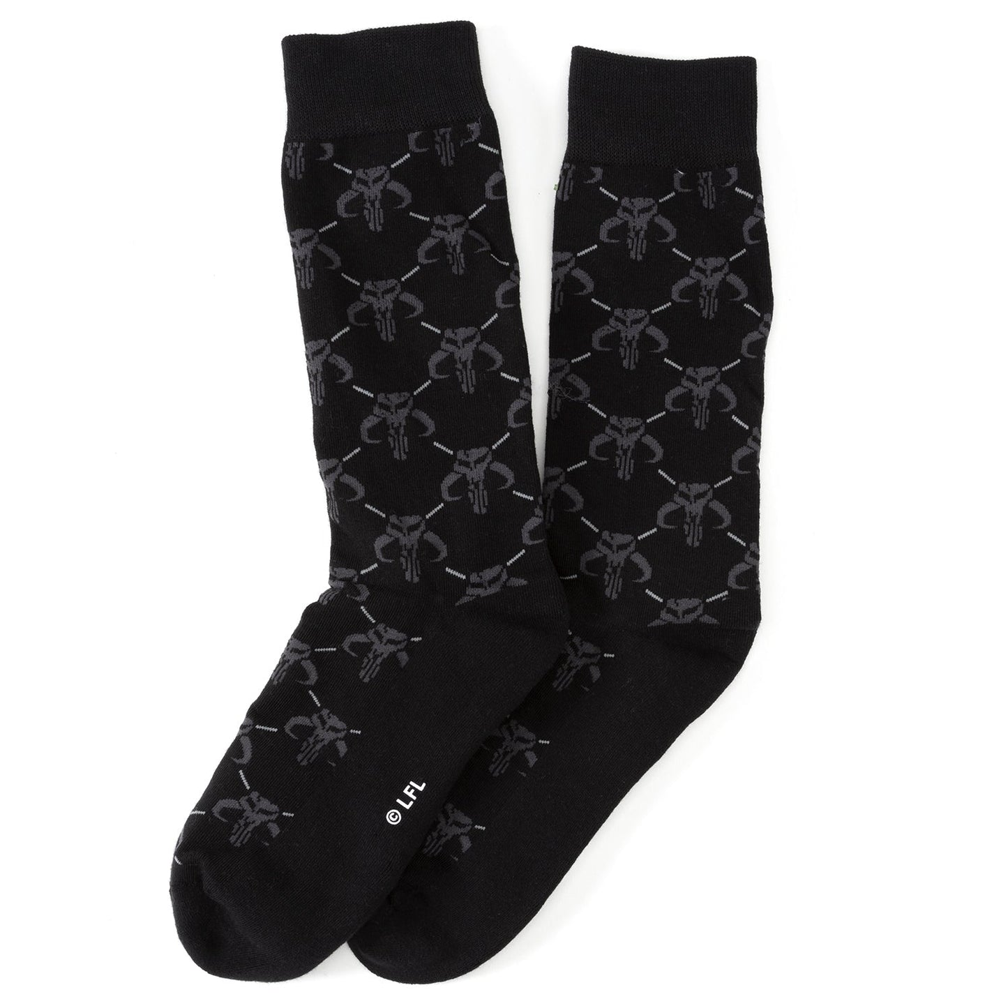 A pair of black Mandalorian-themed socks on a white background