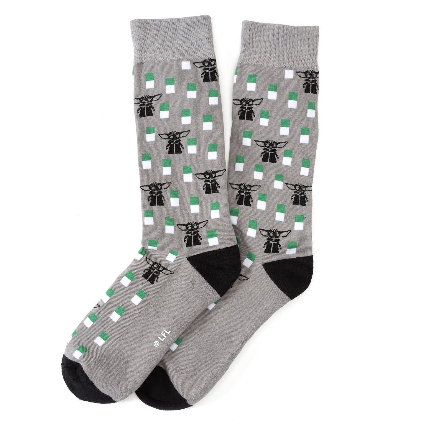 A pair of grey Mandalorian-themed socks on a white background