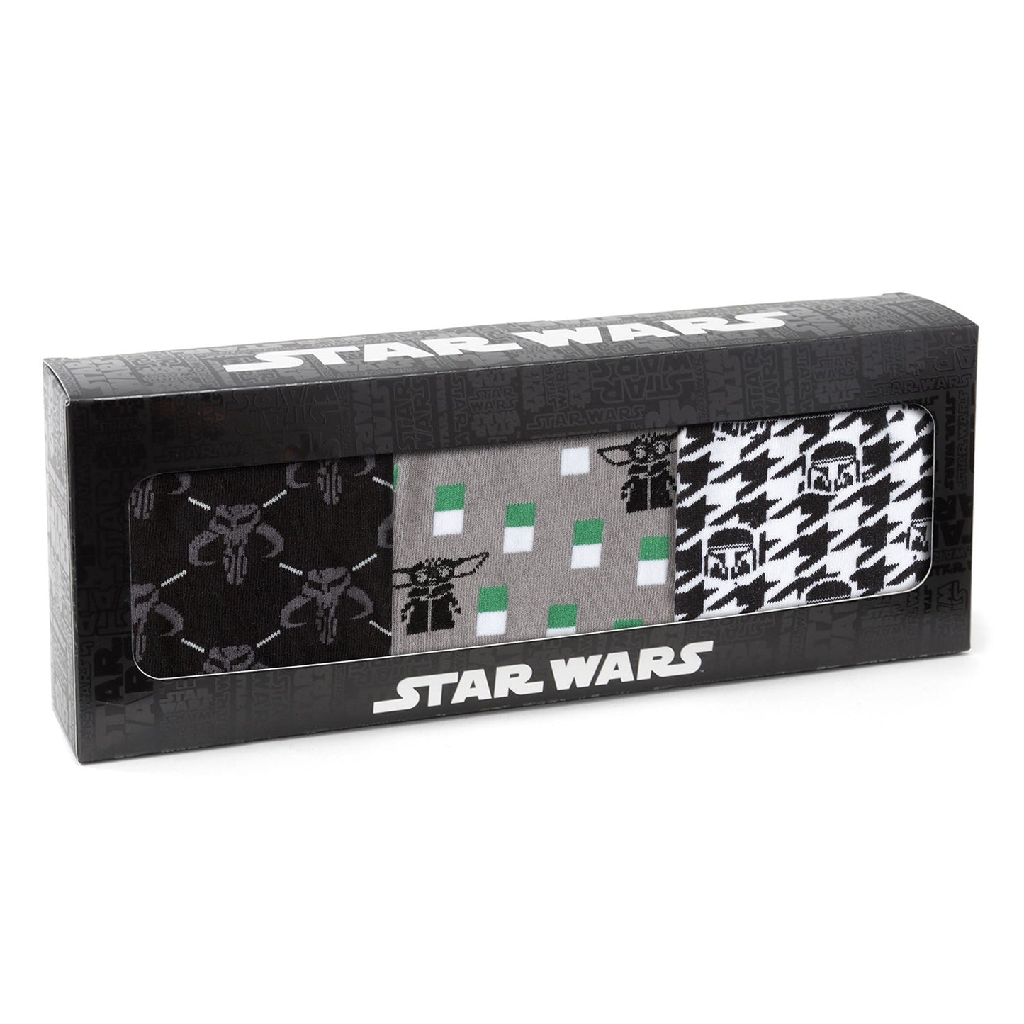 A black box containing three pairs of Mandalorian-themed socks