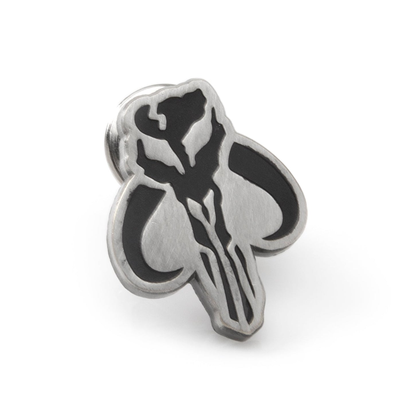 A Mandalorian-themed silver and black lapel pin