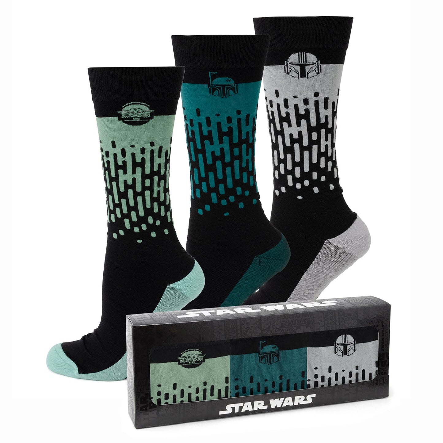 Three pairs of socks with a 'Star Wars' design and packaging on a white background