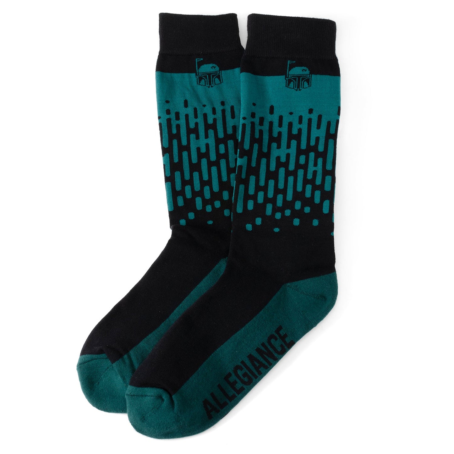 Black and teal socks with a Mandalorian and text on a white background
