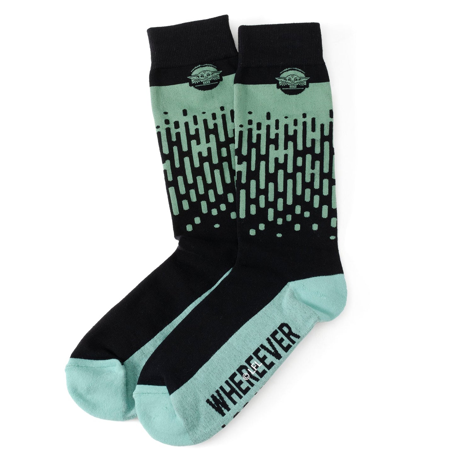 Black and green socks with a Mandalorian and text on a white background