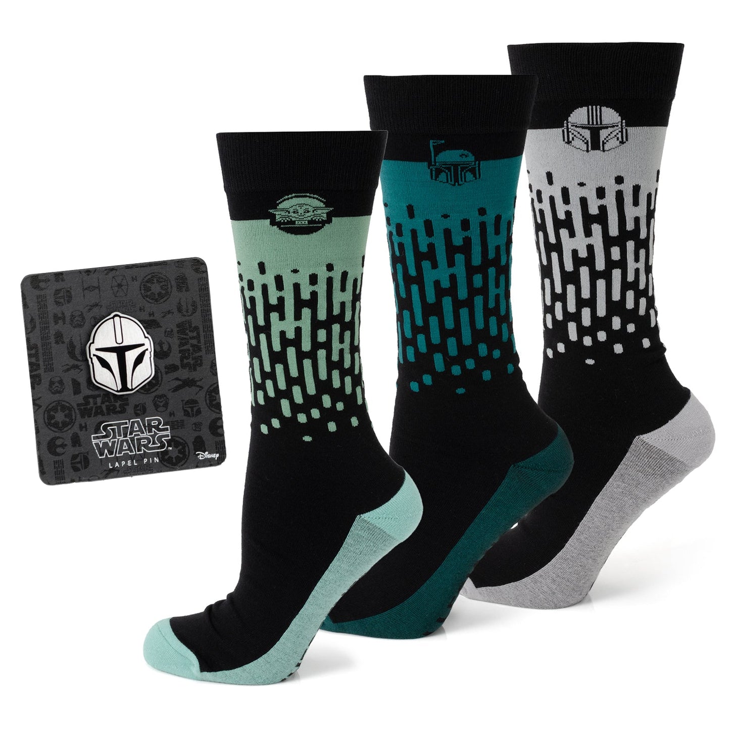 Three pairs of patterned socks with a Star Wars branded card on a white background