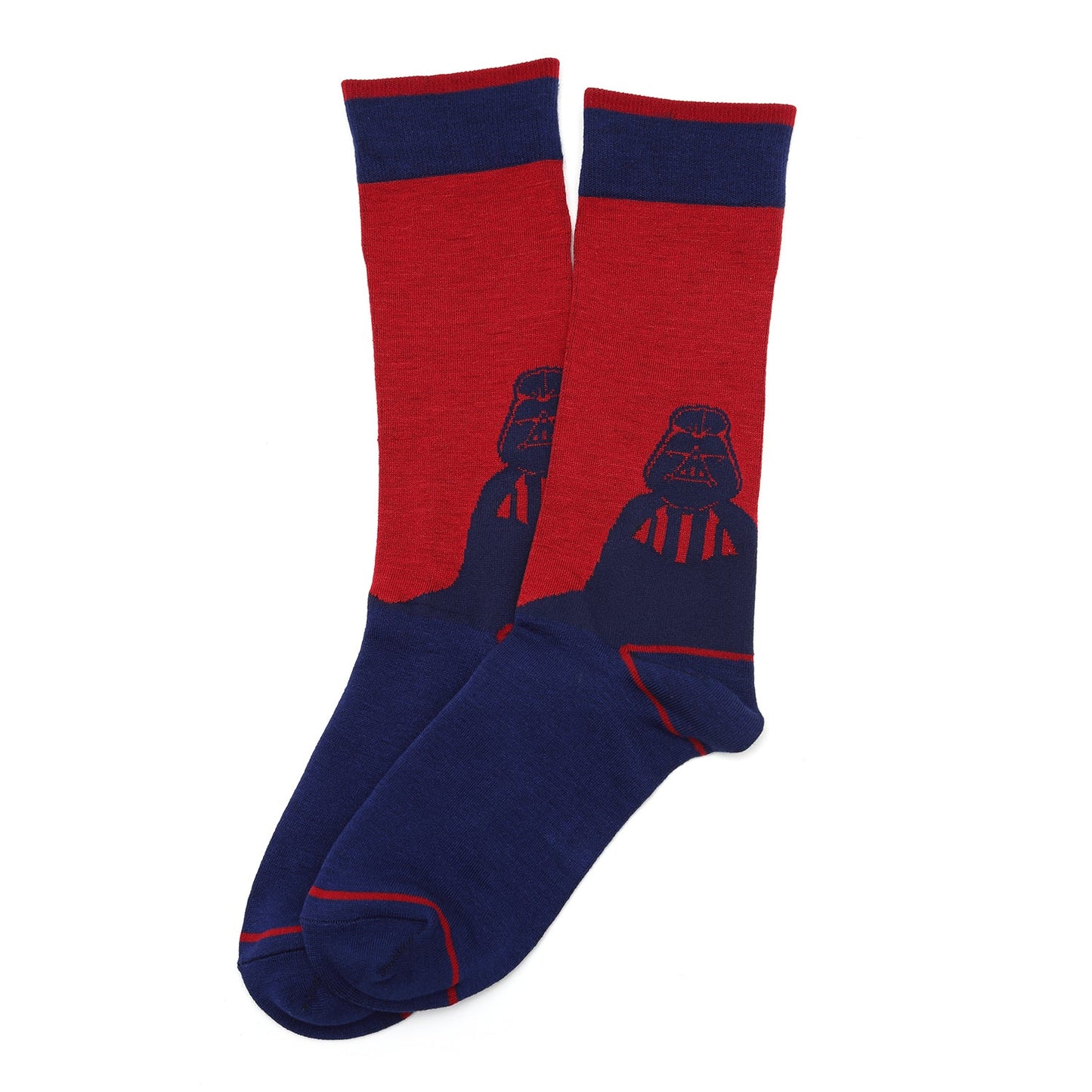Red and blue Darth Vader socks with a design on a white background