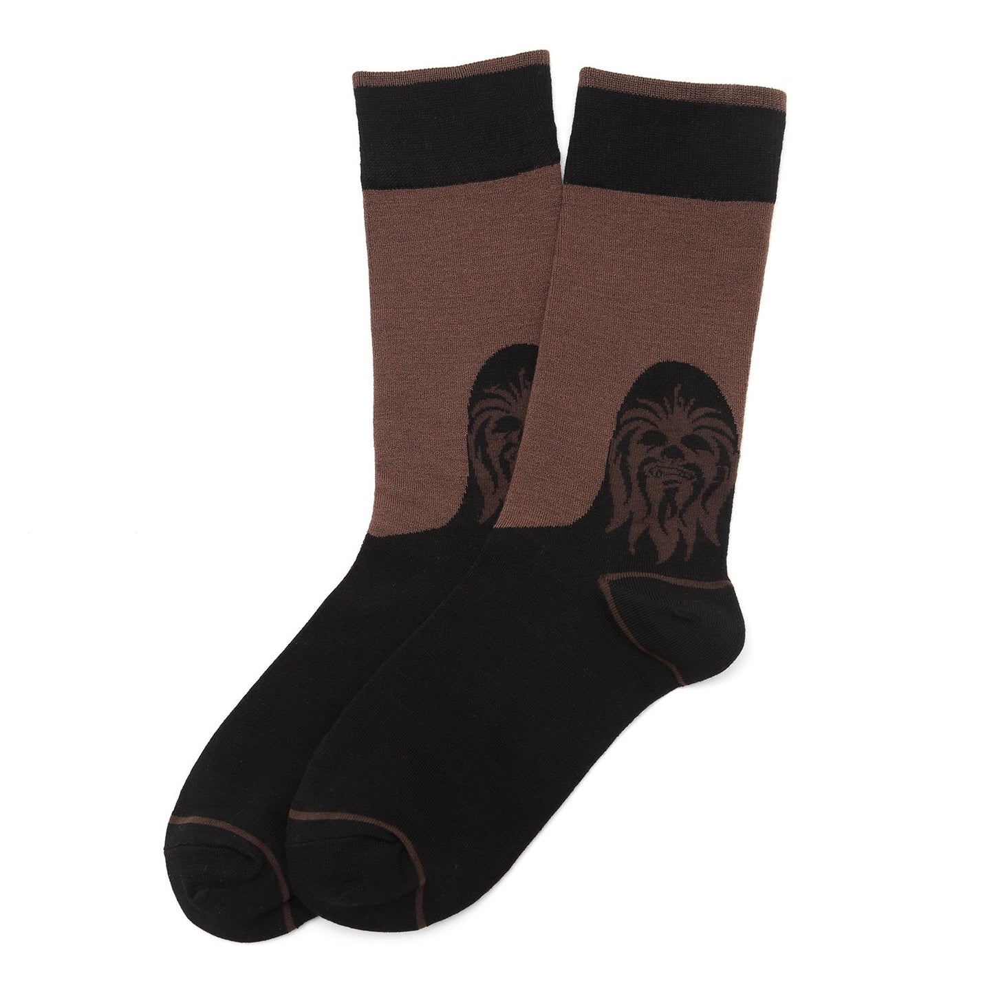 Pair of brown and black socks with a Chewbacca design on a white background