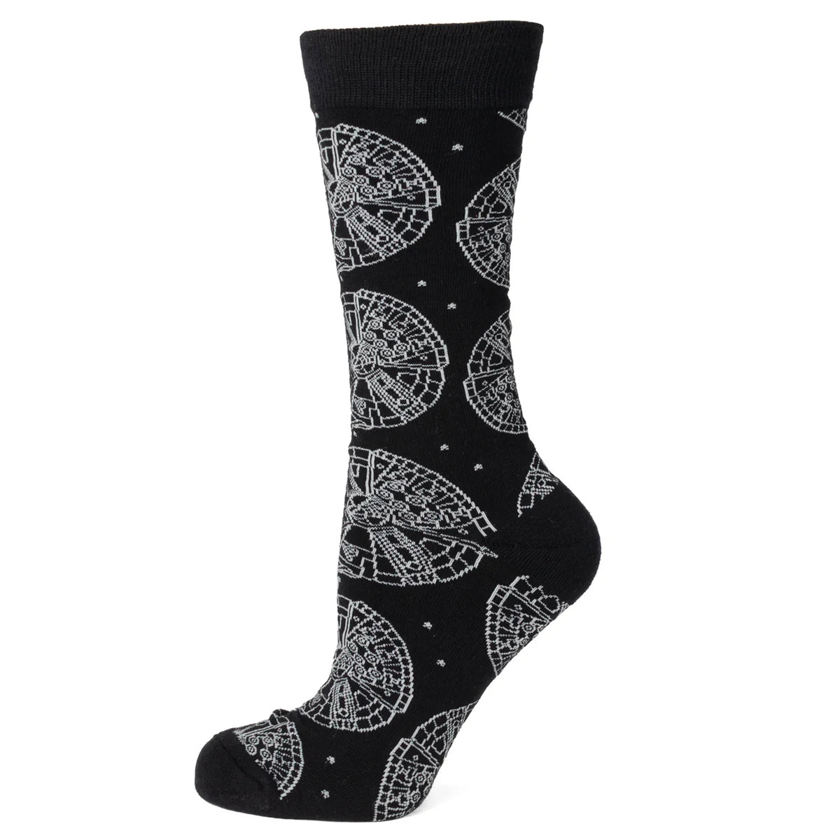 Black sock with white Millennium Falcon pattern on a white background