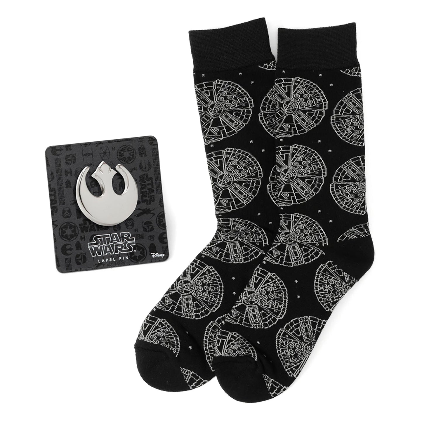 Black socks with white Millennium Falcon pattern and a Rebel Alliance lapel pin on a white background