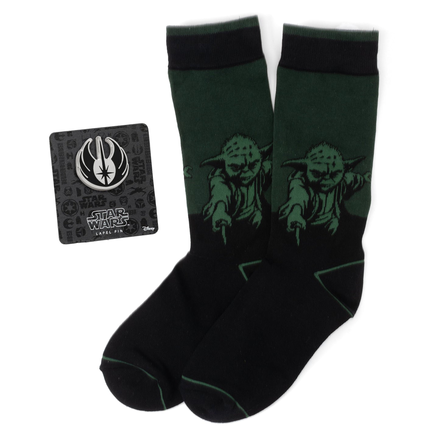 Black socks with Yoda design and Star Wars logo card on white background