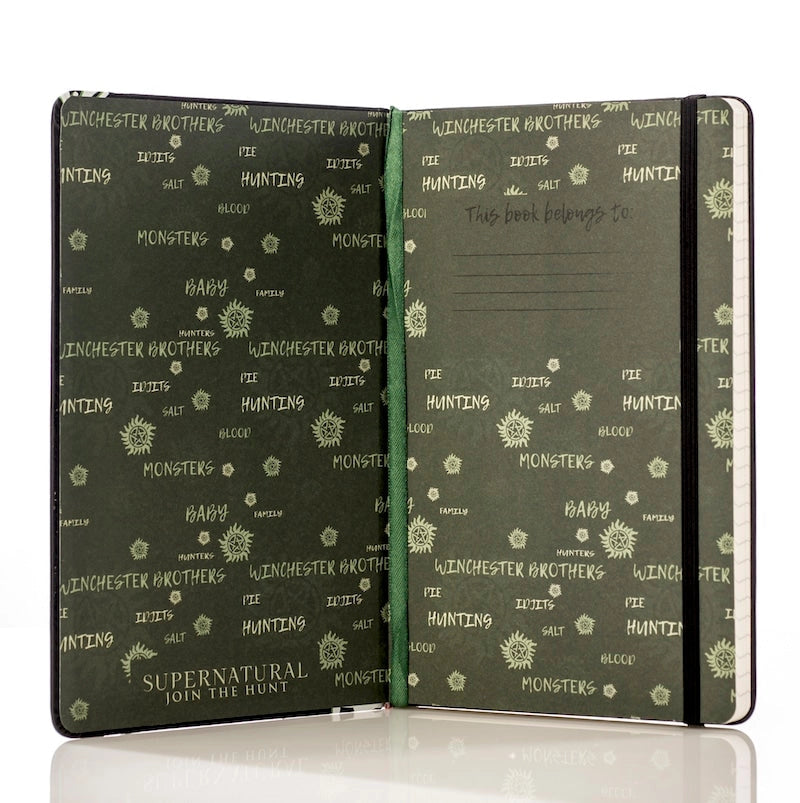 The inside of the journal, open to show the inside cover. White text covers the pages in random patterns, with names and phrases from the TV series Supernatural.