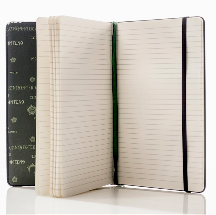 An image of the journal opened to show the blank, lined pages inside.