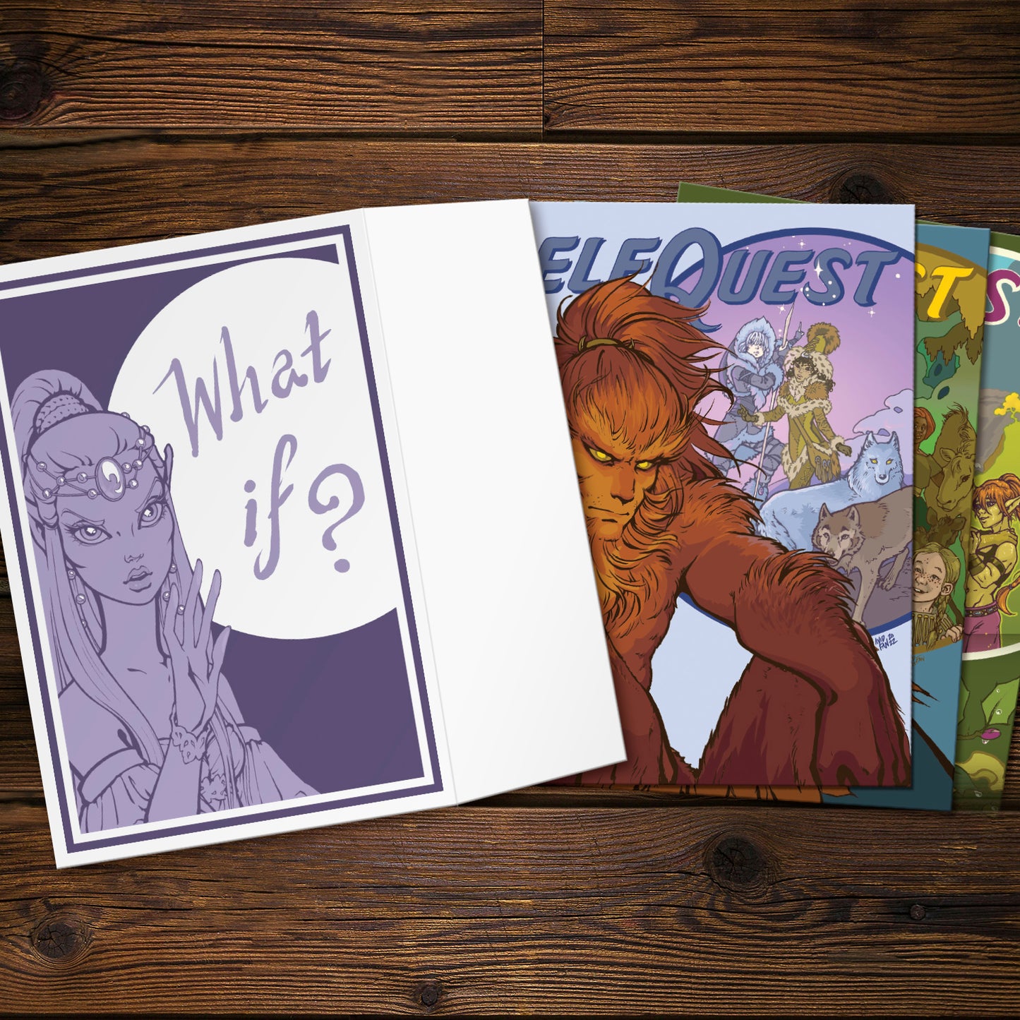 ElfQuest artwork on a wooden surface with 'What if?' text