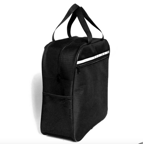 A black, square-shaped bag with a top handle and a slim silver reflective line. There are front and top zippers and a side water bottle pocket.