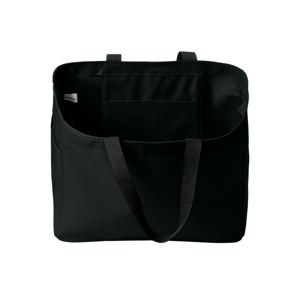 A black tote bag against a white background. The bag is open to show the interior storage space.